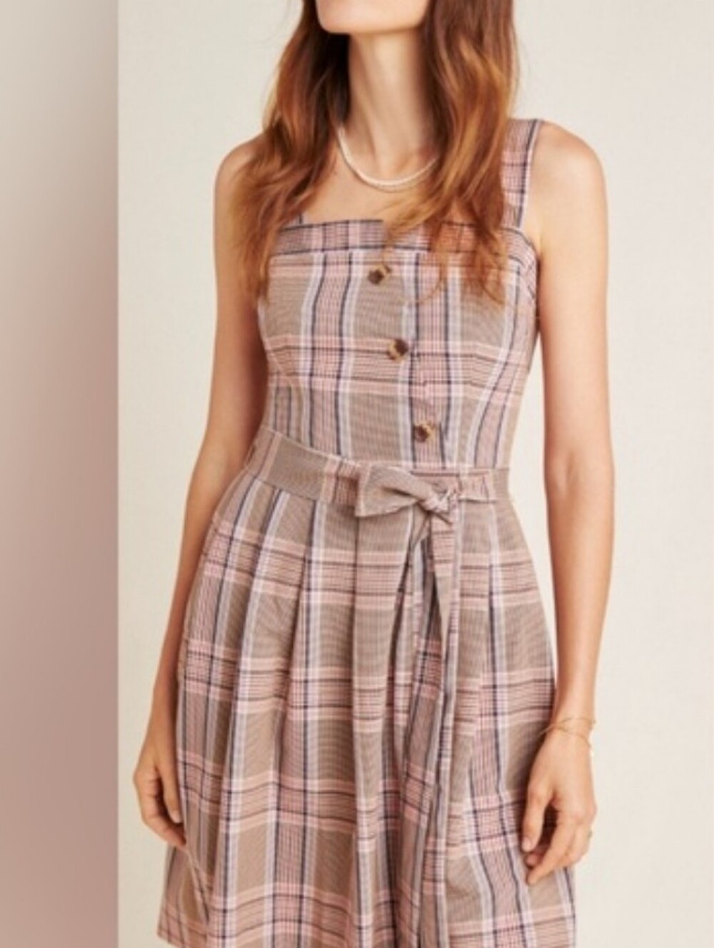 Gal Merts Glam Sleeveless Plaid Belted A-Line Dress in Pink and Tan